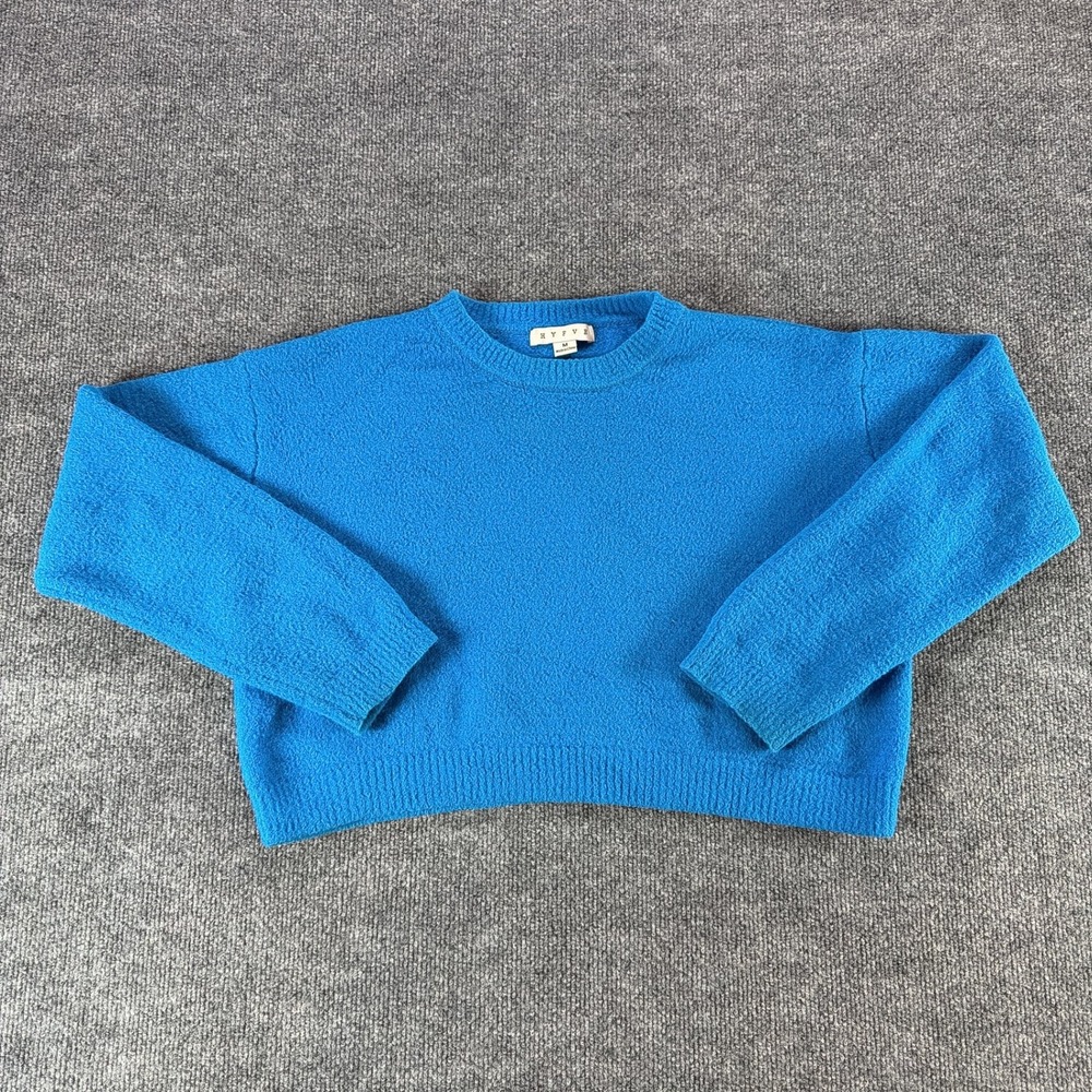 Hyfve Womens Blue Cropped Crewneck Sweater Long Sleeve Knit Top Size M Cozy Fall